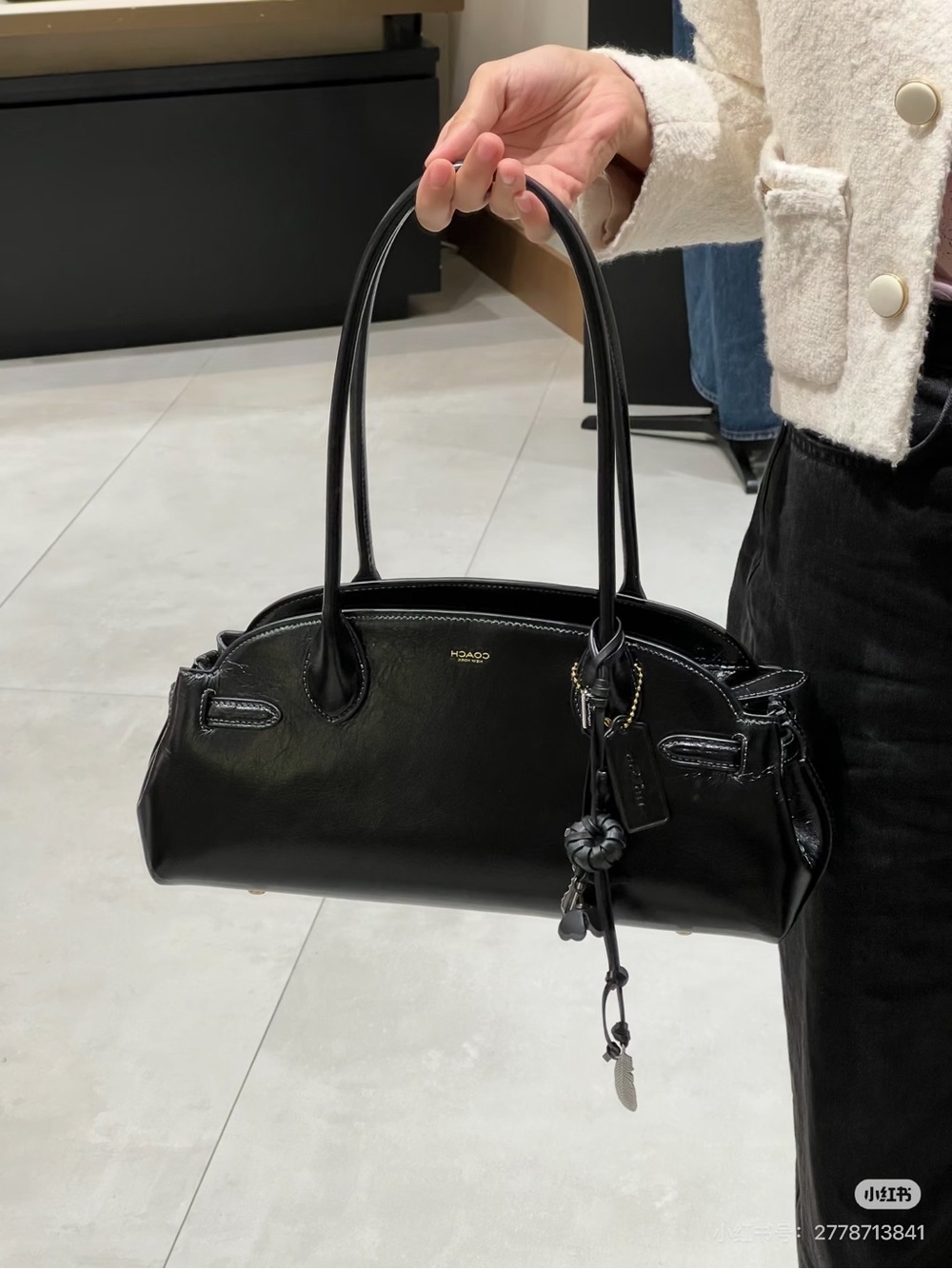 Coach Black Leather Top-Handle Shoulder Bag with Charm